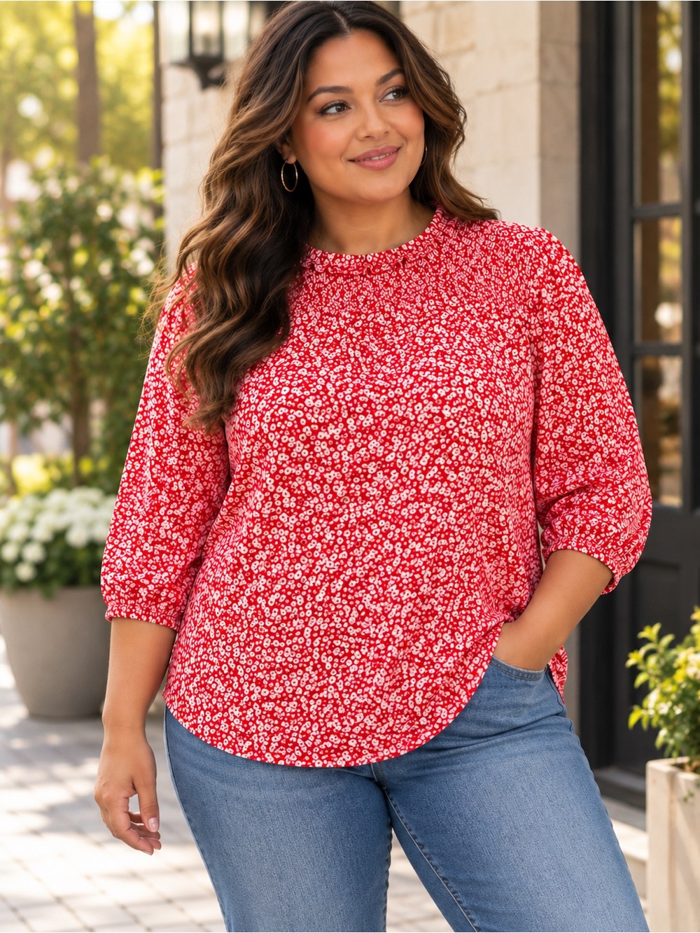 Adrianna Papell Red Floral Crewneck Blouse